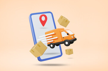 3D Vector Illustration Render of Delivery Truck Leaving Mobile Screen with Pins Showing Destination Location, Floating Boxes Around, Fast Online Delivery Service Concept with Parcel Tracking System.