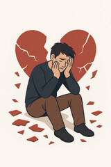 Heartbroken depressed man broken heart breakup divorce concept. Sadness loneliness emotional pain grief despair mental health psychology therapy support healing vector illustration