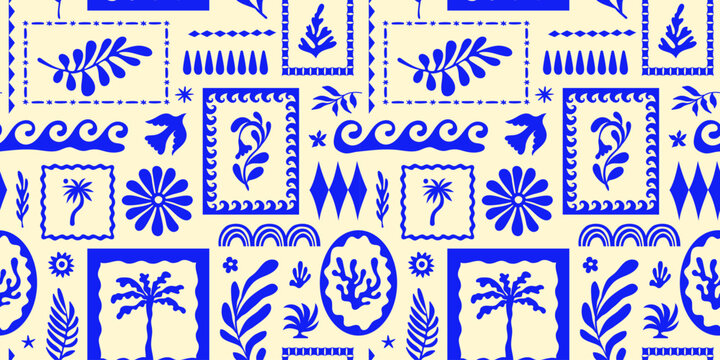 Vector hand drawn seamless pattern graphics with silhouette summer and vacation illustrations, tropical illustrations, frames and borders, fabric and textile design, beach and surf theme
