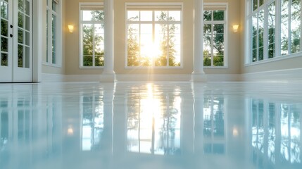 This image showcases a spacious, sunlit room with large windows, capturing the beautiful reflections from the glossy floor that enhance its serene atmosphere and elegance.