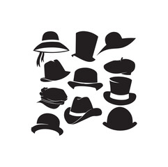 Collection of Classic Hat Silhouettes – Vintage and Modern Styles, set of caps vector black