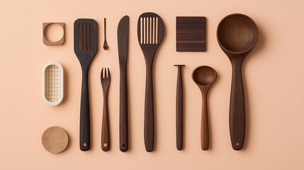 Minimalist dark wood kitchen tools set against a warm peach backdrop