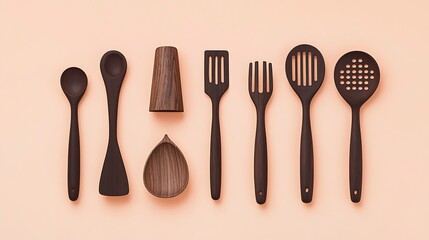 Minimalist dark wood kitchen tools set against a warm peach backdrop