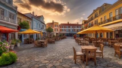 Obraz premium Picturesque Seaside Town Square A Colorful Vision of XL Charm