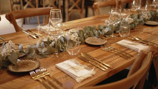elegant wedding table set with gold cutlery, eucalyptus garland and rustic wood detail