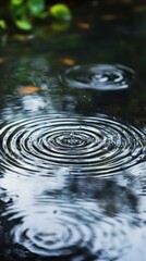 Raindrops create ripples on a serene pond during a peaceful afternoon in a lush garden