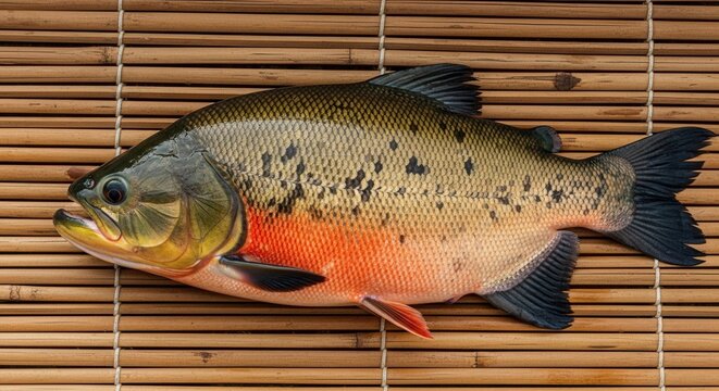 Freshwater pacu fish closeup on bamboo mat a culinary delight for seafood lovers and fishing enthusiasts