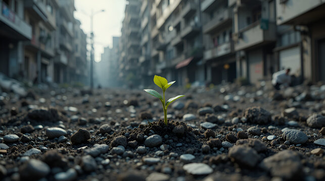 A single green sprout growing from the ground in an urban war-torn city