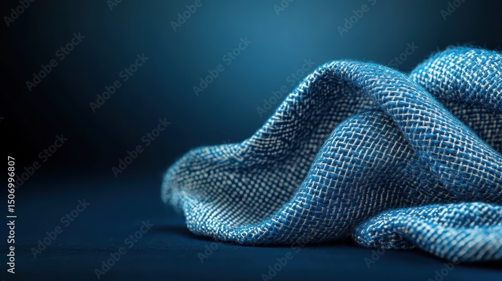 Poster this close-up image showcases a draped blue fabric with a textured pattern, creating an elegant and 