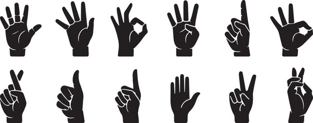 Hand vector silhouette, detailed hand gestures, positions, signs. Ideal arm, hands for illustrations, logos, icons.