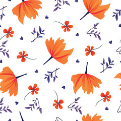 Vibrant seamless floral pattern with gradient orange flowers and purple leaves on white. Whimsical hearts add charm. Perfect for textiles, wallpapers, and lively designs. Bold, contrasting colors.
