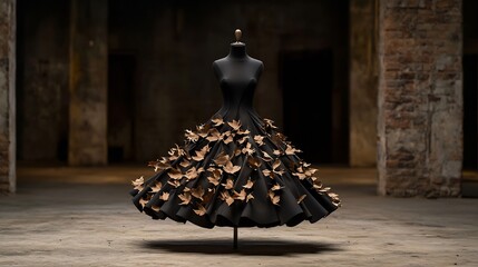A black gown adorned with golden leaves, displayed in a dramatic industrial setting