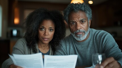 A serious couple reviews important documents with concerned expressions, highlighting themes of uncertainty and communication, perfect for illustrating partnership and teamwork in challenging times.