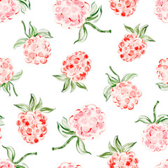 Hand drawn raspberry pattern with leaves. Watercolor illustration in repeat. Suitable for fabric, wallpaper, packaging, and wrapping paper.