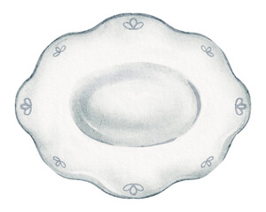 Watercolor Porcelain Plate illustration with elegant classic design. Drawing of decorative ceramic dish for table settings, celebrations, or fine dining events. Art for hospitality presentations.