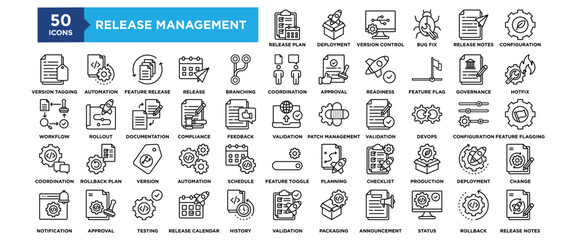 50 Release Management icon set. Containing design release, management, process, technology, software, business, project	