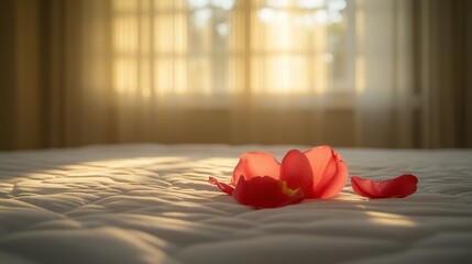 Soft pink flowers on a bed, sunlit window