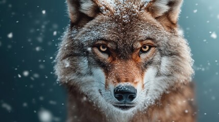 Naklejka premium A close-up portrait of a wolf with striking eyes gazes into the distance, framed by falling snow in a serene, wintry setting, capturing the raw beauty of wildlife.