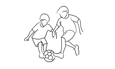 Two boys playing ball continious line drawing. 
Basketball, childhood, competition. Vector illustration