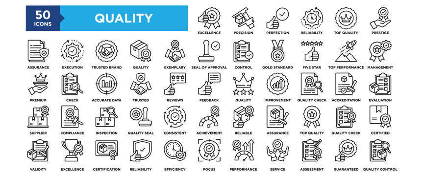 50 Quality icon set. Containing design business, certificate, guarantee, management	