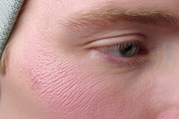 Obraz premium This Image Provides a Detailed Close-Up View of an Irritated Skin Patch Situated Near the Temple Area. The Lighting During the Day Accentuates the Redness and the Uneven Texture of the Skin