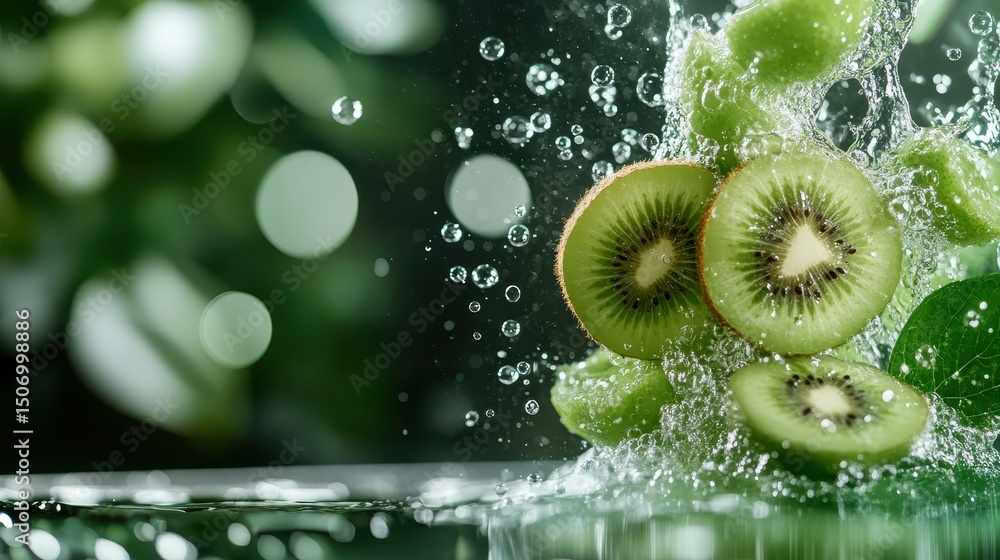 Aufkleber vivid kiwi slices are splashing into clear water, creating a dynamic and refreshing scene that highl