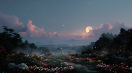 Enchanted Meadow: Witness a breathtaking landscape bathed in the soft glow of twilight. The tranquil scene, with a radiant moon peeking through the clouds, evokes serenity.