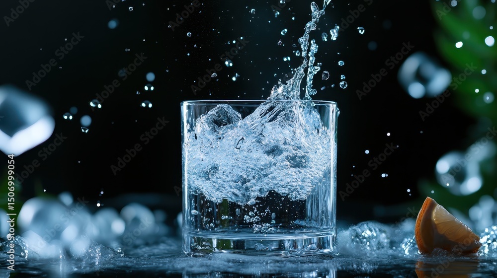 Poster a dynamic capture of water splashing in a glass filled with ice, complemented by a lemon slice, repr