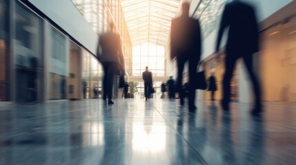 Fototapeta premium A modern office lobby with people walking, blurred motion, glass walls, sunlight streaming in, reflective floor, business attire, dynamic atmosphere, corporate environment.