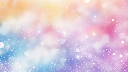 A dreamy, pastel-colored background with a gradient of pink, purple, blue, and yellow hues, adorned with scattered white and yellow bokeh lights and sparkles