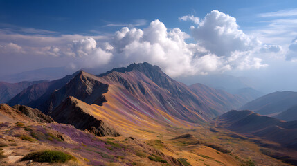 Naklejka premium Majestic Mountain Panorama: A breathtaking panorama of rugged mountains stretches under a dramatic sky adorned with puffy clouds, showcasing nature's raw beauty and the earth's magnificent landscapes.