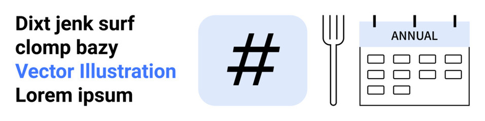 metadata tag in blue square, fork representing dining, annual calendar. Ideal for event planning, food, social media, content creation, marketing, branding simple landing page