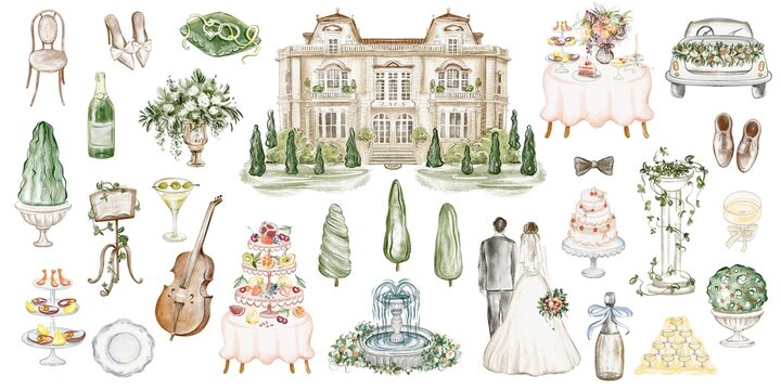 Collection of romantic wedding watercolor elements. Set of villa, champagne, swans, candles, and elegant decorations. Hand drawn clipart for invitations, ceremony designs, and festive celebrations.
