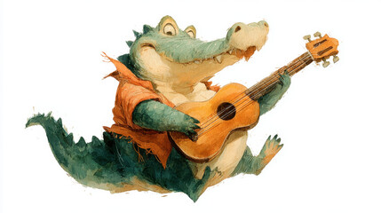 Fototapeta premium Playful Crocodile Playing Acoustic Guitar Watercolor Illustration