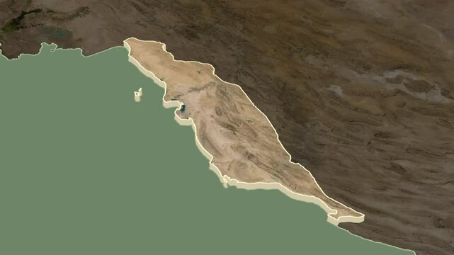 Bushehr region on the map, Iran, extruded. Animation