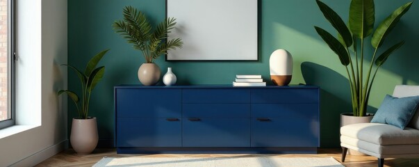 Elegant navy blue commode styled with green foliage, books, and sculpture Minimalist home setting , green foliage, luxury