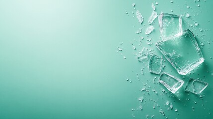Shattered ice cubes scattered with glistening water droplets on a smooth surface, embodying coolness and refreshing vibes, ideal for summer or party-related themes.