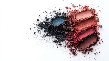 A vibrant array of colorful makeup powders artfully scattered, representing creativity and beauty in artistry with a focus on makeup and self-expression.