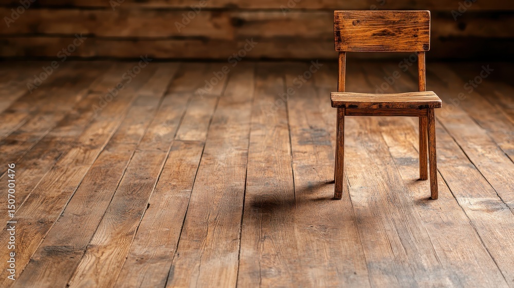 Aufkleber an isolated wooden chair stands on a rustic wooden floor, creating a nostalgic and minimalist ambian