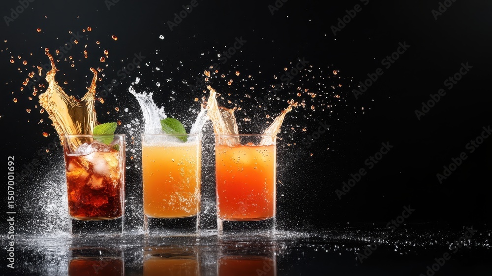 Poster a vibrant display of three cocktails featuring splashes emphasizing refreshment and enjoyment, prese