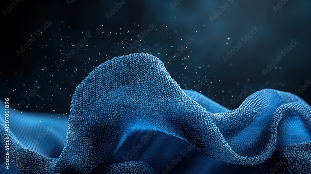 Poster a captivating close-up of flowing blue fabric, with subtle textures and floating particles, evoking 