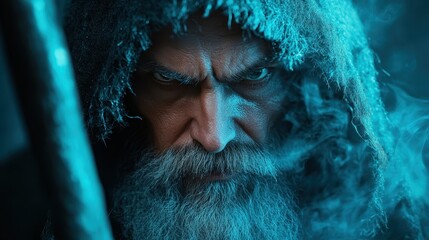 A powerful image of an elderly man with an intense stare, surrounded by a mystical fog, showcasing his wisdom and strength in a captivating, atmospheric setting.
