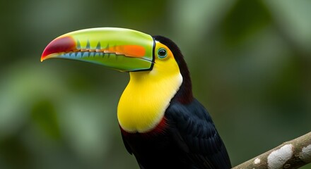 Fototapeta premium Close up of a keel billed toucan perched on a branch with a vibrant green and red beak detail