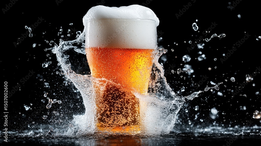 Poster a refreshing glass of beer bursts with flavor as foam spills over its edge, capturing the essence of