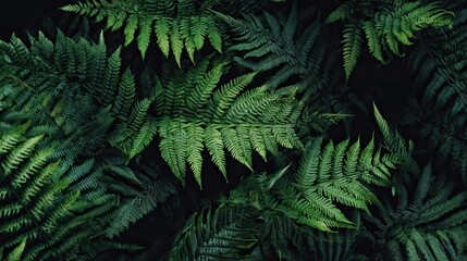 Fototapeta premium Aerial view of fern leaves on a dark green background, symbolizing nature, environment, and tranquility. Close - up top perspective showcasing lush foliage and serene natural atmosphere.