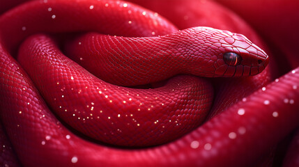 Fototapeta premium Bright red snake resting peacefully in a natural setting, showcasing vibrant scales and intricate patterns