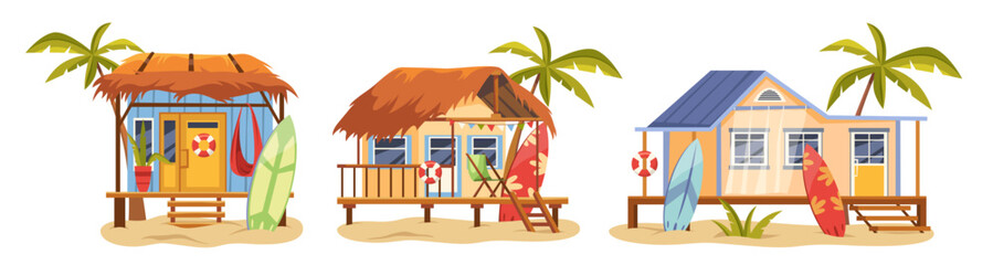 Vector surfer house set. Sea or ocean hut or seaside bungalow with surfboard. Summerhouse architecture or coastal cabana outdoor. Vacation and tropical holiday clipart. Collection of tropical shack.