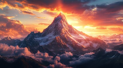 Fototapeta premium Majestic Sunset over Snow-Capped Peaks: A Breathtaking Mountain Panorama