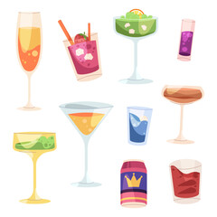 Set of cocktail glass icon. Vector fruity mixed drink with tropical elements. Summer alcohol beverage isolated. Cold refreshment shaker for party or bar. Exotic mocktail for celebration and nightlife.
