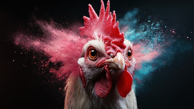 A vibrant and artistic representation of a rooster with colorful powder explosion effects, showcasing a fusion of nature and art, enhancing the rooster's dynamic form.